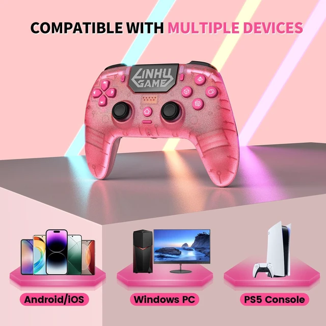 Alt view image 9 of 14 - Wireless Controller for P5/Pro/Slim/PC, with Transparent Shell/RGB Tape Light/Hall Effect Joyticks and Trigger/Macro/Turbo/3.5mm Audio Jack/Speaker and Mic/1500 mAh Large Battery Gamepad (Pink)