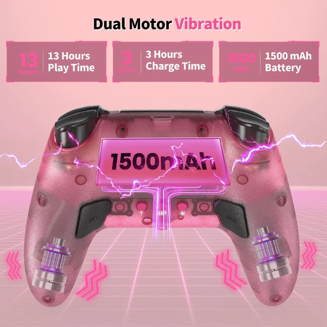 Alt view image 11 of 14 - Wireless Controller for P5/Pro/Slim/PC, with Transparent Shell/RGB Tape Light/Hall Effect Joyticks and Trigger/Macro/Turbo/3.5mm Audio Jack/Speaker and Mic/1500 mAh Large Battery Gamepad (Pink)