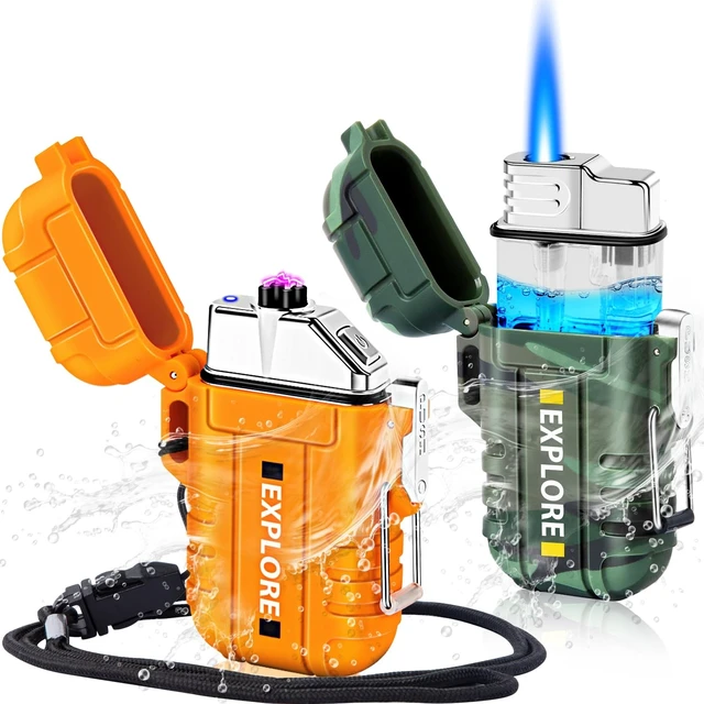 Alt view image 8 of 14 - Electric Plasma Lighter, Torch Lighter, 2 Pack Outdoor Waterproof Matches | A Rechargeable Dual Arc lighter + A Refillable Butane Lighter, Camping Hiking Hunting Gadgets,Survival Gear Gifts for Men