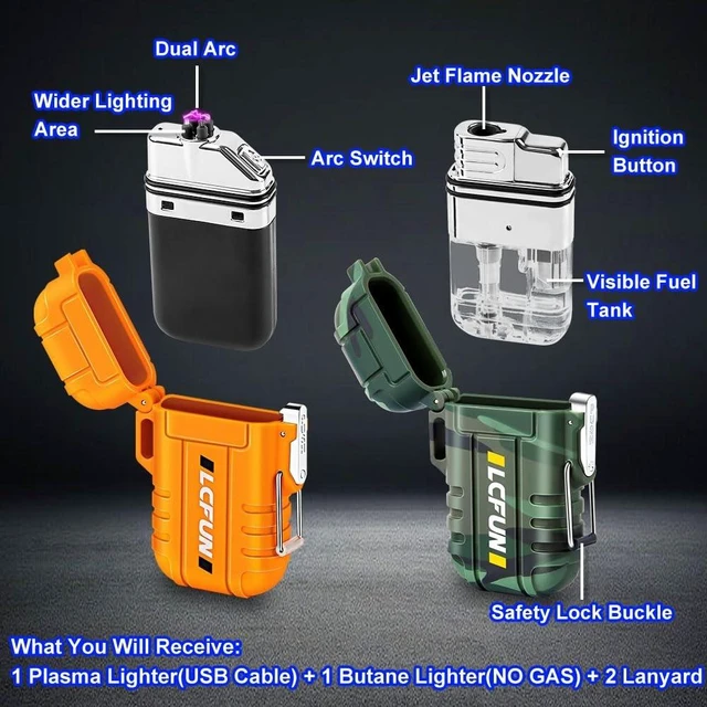 Alt view image 9 of 14 - Electric Plasma Lighter, Torch Lighter, 2 Pack Outdoor Waterproof Matches | A Rechargeable Dual Arc lighter + A Refillable Butane Lighter, Camping Hiking Hunting Gadgets,Survival Gear Gifts for Men