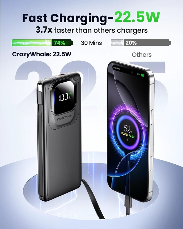 Alt view image 9 of 14 - Portable Charger with Built-in Cables,22.5W Super Fast Charging Power Bank Slim Phone Charger,10000mAh Travel Battery Pack Battery Bank with Smart LED Display for iPhone, Android & USB-C