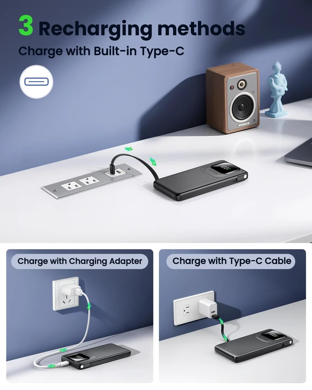 Alt view image 13 of 14 - Portable Charger with Built-in Cables,22.5W Super Fast Charging Power Bank Slim Phone Charger,10000mAh Travel Battery Pack Battery Bank with Smart LED Display for iPhone, Android & USB-C