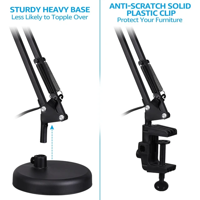 Alt view image 9 of 14 - Metal Desk Lamp with Clamp, Swing Arm, Architect Adjustable Gooseneck Table Lamp, Clip Desk Lights for Home Office, Work, Study, Reading, E26 Base, Multi-Joint, Black