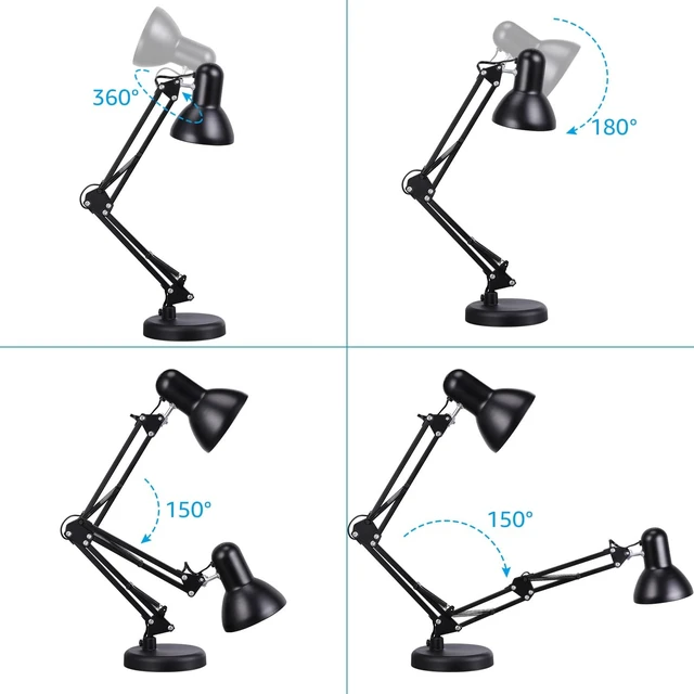 Alt view image 12 of 14 - Metal Desk Lamp with Clamp, Swing Arm, Architect Adjustable Gooseneck Table Lamp, Clip Desk Lights for Home Office, Work, Study, Reading, E26 Base, Multi-Joint, Black