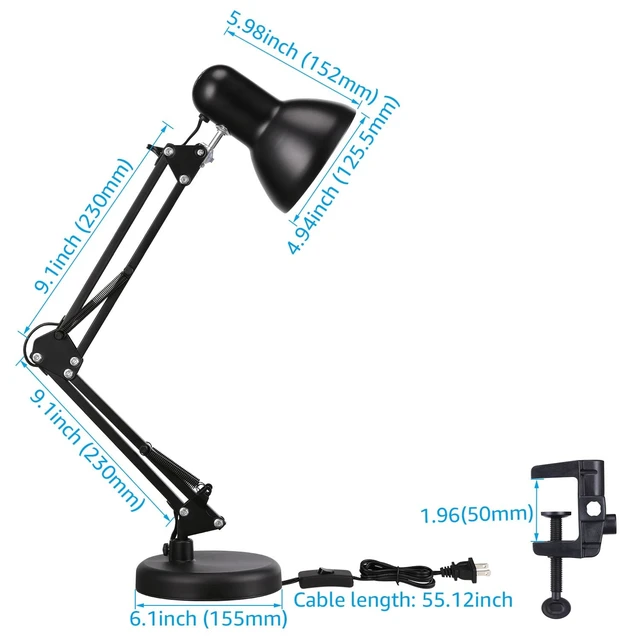Alt view image 13 of 14 - Metal Desk Lamp with Clamp, Swing Arm, Architect Adjustable Gooseneck Table Lamp, Clip Desk Lights for Home Office, Work, Study, Reading, E26 Base, Multi-Joint, Black
