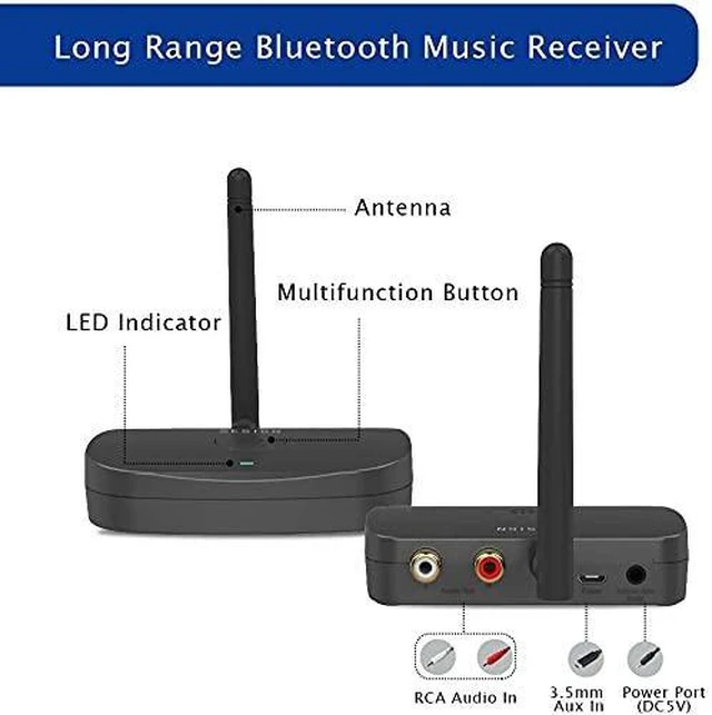 Alt view image 9 of 14 - BE-RCA Long Range Bluetooth Music Receiver, Wireless Audio Adapter for Wired Speakers or Home Music Streaming Stereo System, Black