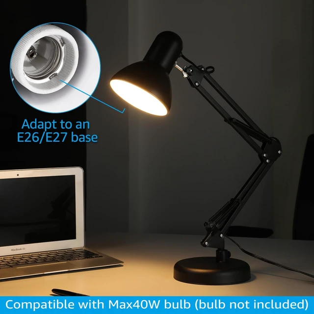 Alt view image 14 of 14 - Metal Desk Lamp with Clamp, Swing Arm, Architect Adjustable Gooseneck Table Lamp, Clip Desk Lights for Home Office, Work, Study, Reading, E26 Base, Multi-Joint, Black