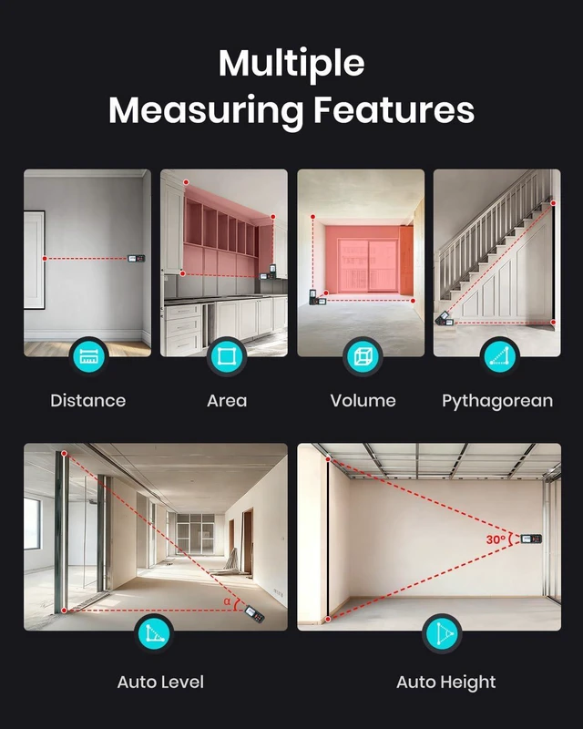 Alt view image 12 of 14 - Laser Measure Device, 393ft Digital Laser Tape Measure with Upgrade Electronic Angle Sensor, 2mm Accuracy, Area Measurement,Volume and Pythagoras, 2" LCD Backlit,Mute, Battery Included