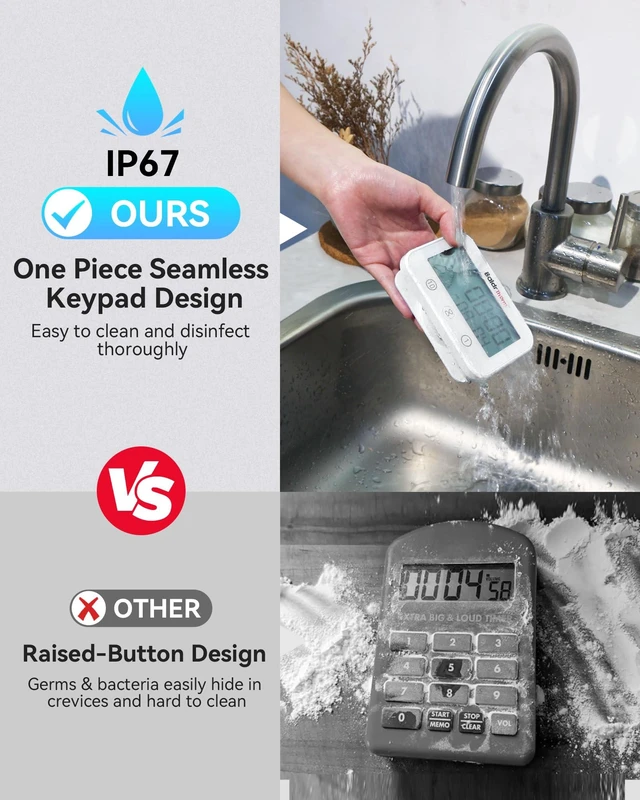 Alt view image 10 of 14 - Digital Timer, Works as a Countdown Timer, Real-time Clock, Hygrometer Thermometer. IP67 Waterproof Safe for Kitchen Bathroom Use. (White)