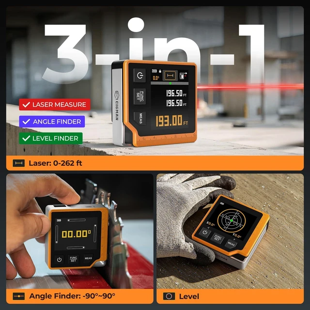 Alt view image 9 of 14 - Laser Measuring Tool, 262ft Laser Measure with Digital Angle Finder & Level, Magnetic Rechargeable Laser Measurement Tool with 2.4'' Color Backlit Display, 6 Units, Length/Area/Volume/Pythagorean Mode