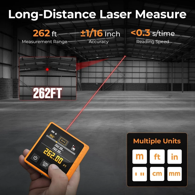 Alt view image 10 of 14 - Laser Measuring Tool, 262ft Laser Measure with Digital Angle Finder & Level, Magnetic Rechargeable Laser Measurement Tool with 2.4'' Color Backlit Display, 6 Units, Length/Area/Volume/Pythagorean Mode