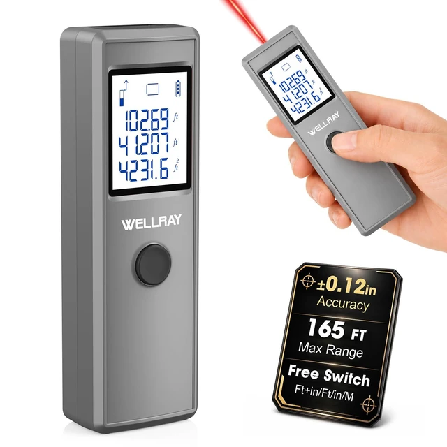 Alt view image 7 of 12 - Laser Measuring Tool, 165FT/50M Laser Measure Tool with ±1/8" Accuracy, IP54 Laser Distance Meters with Ft+in/FT/in/M for Area/Volume, Laser Measurement Tool for DIY Indoor, 2 AAA Batteries, Gray