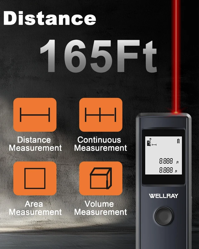 Alt view image 9 of 12 - Laser Measuring Tool, 165FT/50M Laser Measure Tool with ±1/8" Accuracy, IP54 Laser Distance Meters with Ft+in/FT/in/M for Area/Volume, Laser Measurement Tool for DIY Indoor, 2 AAA Batteries, Gray