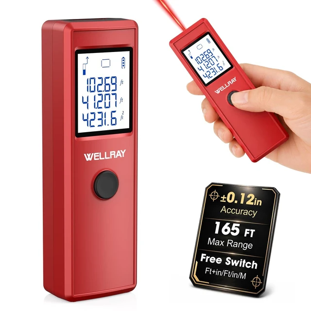 Alt view image 8 of 14 - Laser Measuring Tool, 165FT/50M Laser Measure Tool with ±1/8" Accuracy, IP54 Laser Distance Meters with Ft+in/FT/in/M for Area/Volume, Laser Measurement Tool for DIY Indoor, 2 AAA Batteries, Red