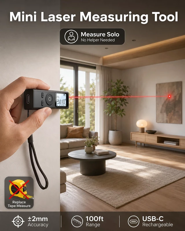 Alt view image 9 of 14 - Ray, Mini Laser Measuring Tool, 2.7in 1oz Pocket Size Keychain Laser Tape Measure, Great Gift, ±2mm 100ft Digital Tape Measure, in/FT/M, No App, Metal Body, Backlit Display, USB-C Rechargeable