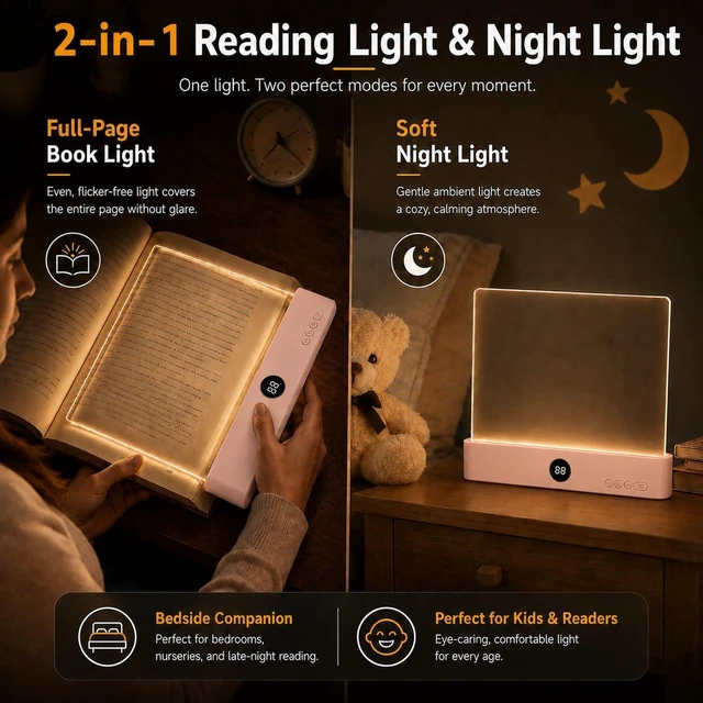 Alt view image 9 of 14 - Smart 2-in-1 LED Book Light for Night Reading Rechargeable Full-Page Reading Lamp with 3 Color Temperatures, Eye-Friendly, Portable Bookmark Light, Funny Gifts for Kids, Students&Book Lovers(Pink)