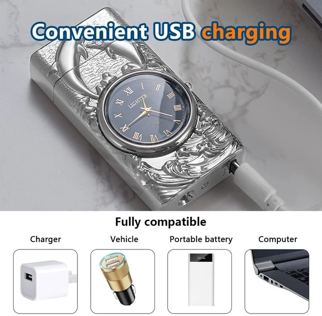 Alt view image 12 of 14 - Electric Lighters Rechargeable USB Cool Lighters Vintage Design Plasma Lighter with 3D Dolphin Clock LED Light for Camping Giving (Silver)