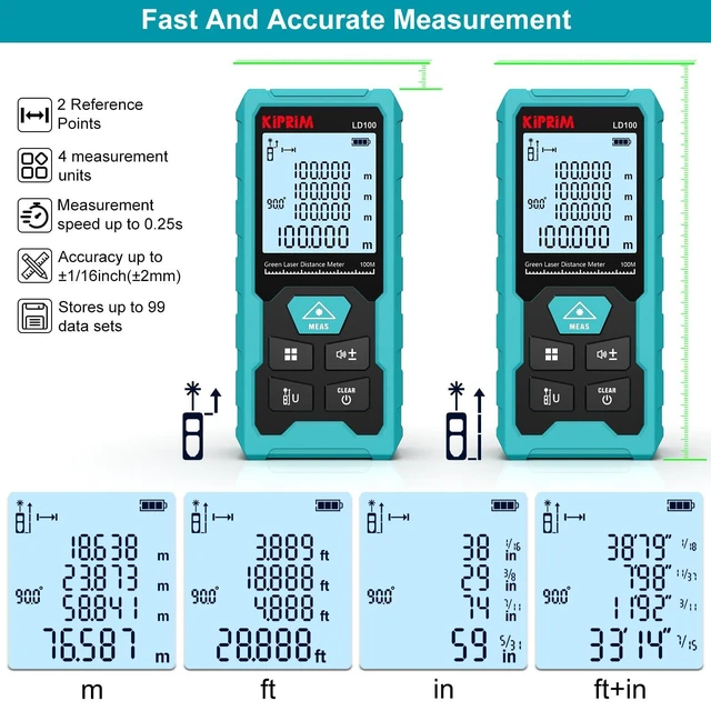 Alt view image 12 of 14 - Green Laser Distance Meter, 328ft Measuring Tool with USB Type-C Rechargeable Battery, ±1/16" Accuracy, Electronic Level, 10 Modes, Class II Laser, Reflector Plate LD100