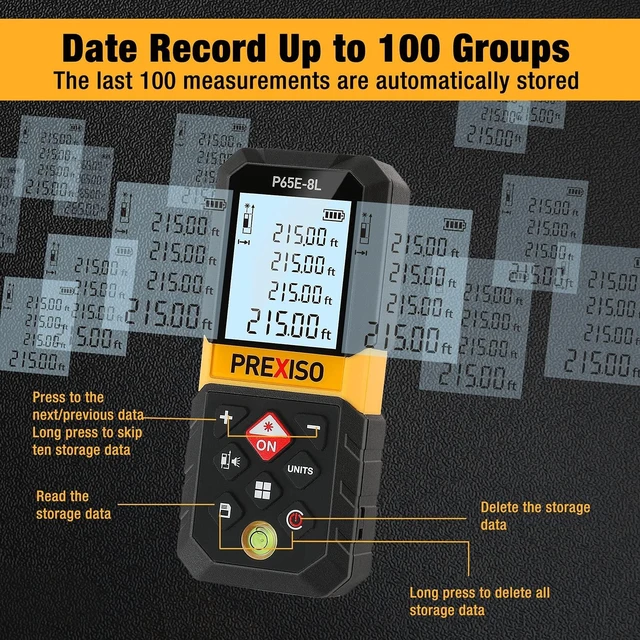 Alt view image 12 of 14 - Laser Measure, 215Ft Laser Measurement Tool with Extension for Diagonal Measuring Ft/Ft+in/in/M Units - Pythagorean Mode, Area Volume -100 Sets Data Storage, Medidor Laser Distance Meter