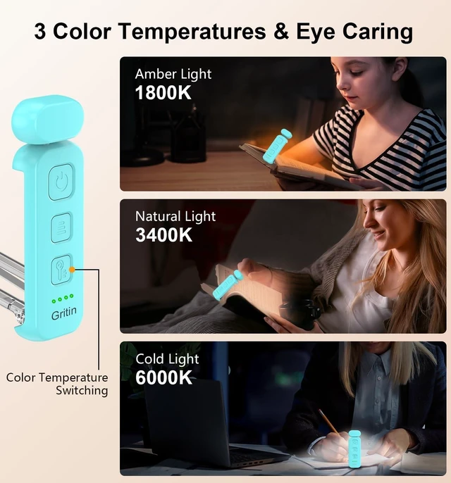 Alt view image 11 of 14 - Reading Light, Rechargeable Book Light for Reading in Bed - Eye Caring 3 Color Temperatures, 5-Level Dimmable Brightness, Long Lasting, Compact Size Clip on Book Lamp for Bookworms-Blue