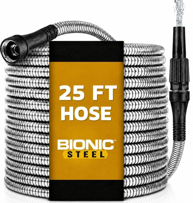 Alt view image 8 of 14 - 25 Ft Metal Garden Hose with Nozzle, 25Ft x 5/8 In. Premium 304 Stainless Steel Metal Water Hose, Flexible Non Kinking, Lightweight, Heavy Duty, for Yard, Outdoor