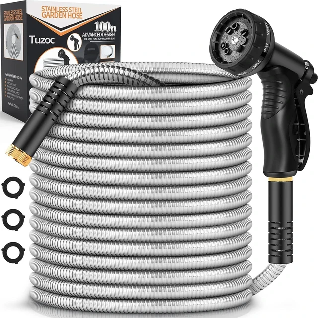Alt view image 8 of 14 - Garden Hose Metal 100FT, Stainless Steel Heavy Duty Water Hose With 10 Function Nozzle, No-Kink, Tough & Flexible, Sturdy and Lightweight, Rust Proof for Yard, Outdoor, RV