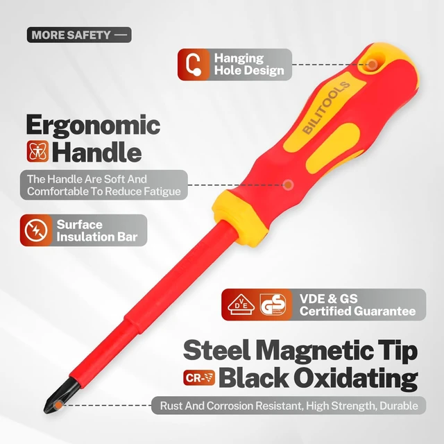 Alt view image 11 of 14 - Insulated Screwdriver Set, 9pcs 1000V Electrical Screwdriver Insulated VDE Tools for Electrician Magnetic Phillips Slotted Pozidriv Tips