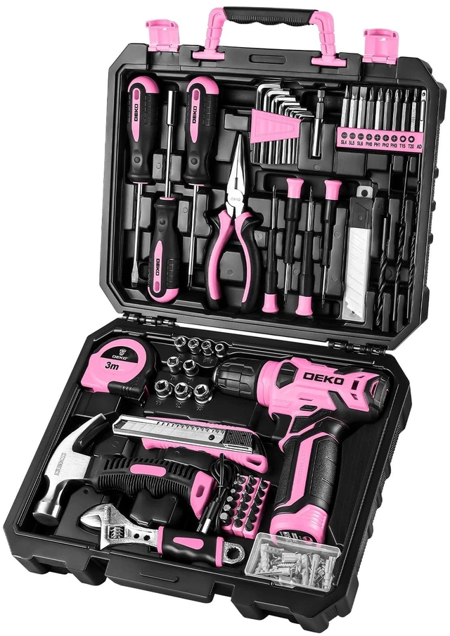 Alt view image 7 of 12 - Drill Set, Home Tool Set with 8V Pink Cordless Drill, Hand Tool Kit for Women, 126 pcs