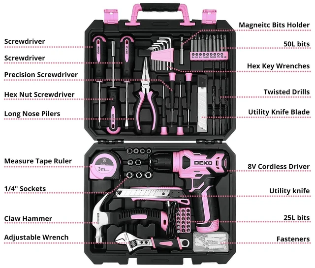 Alt view image 8 of 12 - Drill Set, Home Tool Set with 8V Pink Cordless Drill, Hand Tool Kit for Women, 126 pcs