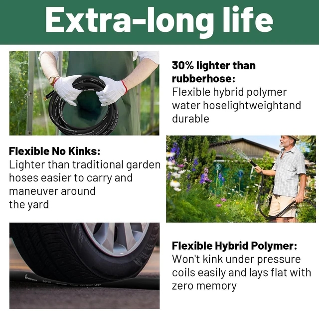 Alt view image 12 of 14 - Garden Hose 50 ft x 5/8 in Heavy Duty Water Hose, Flexible and Durable, Lightweight Rubber Hybrid Hose, Leak-Free Connections, Male to Female 3/4'' Brass Fittings for Patio, Lawn, Black