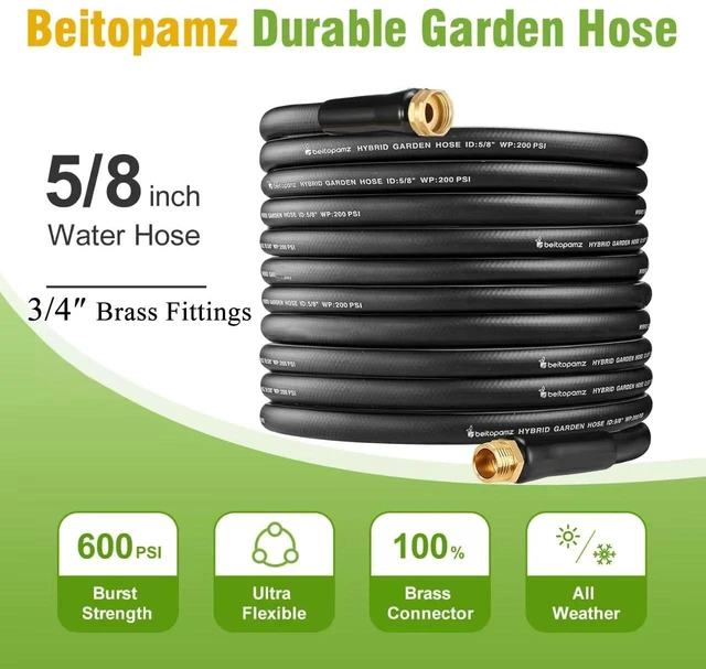 Alt view image 14 of 14 - Garden Hose 50 ft x 5/8 in Heavy Duty Water Hose, Flexible and Durable, Lightweight Rubber Hybrid Hose, Leak-Free Connections, Male to Female 3/4'' Brass Fittings for Patio, Lawn, Black