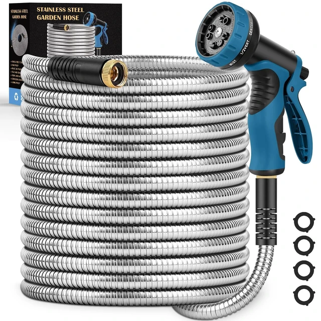 Alt view image 8 of 14 - Garden Hose 50FT, Water Hose with 10 Function Nozzle, Garden Hose Metal with Leak-proof Connectors, Kink-Free & Ultra Flexible, Rust/Pet/Puncture Proof for Lawn, Yard, RV, Car Wash, 550PSI