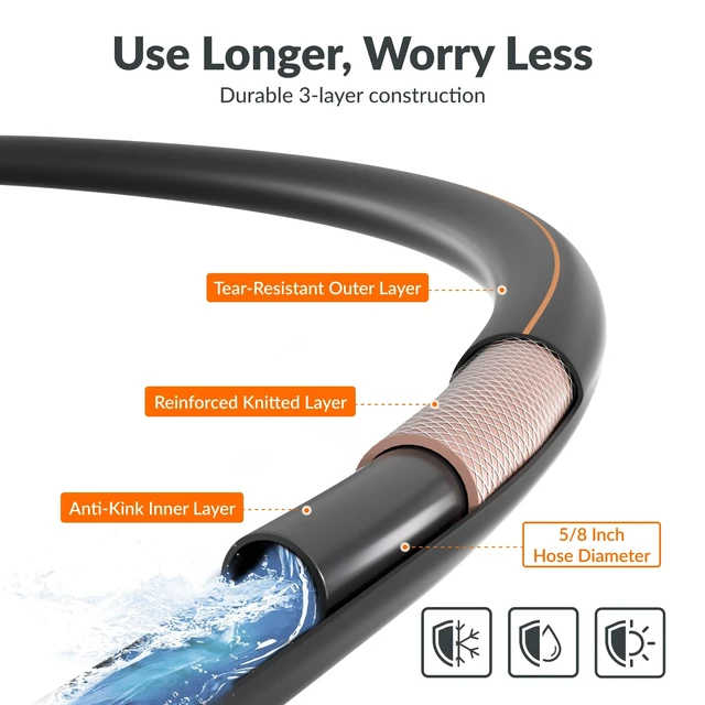 Alt view image 9 of 14 - Garden Hose 5/8", Water Hose Heavy Duty, Flexible, Lightweight Hybrid Hose with Swivel Handle, 100ft Male to Female Fittings, Burst 600 PSI