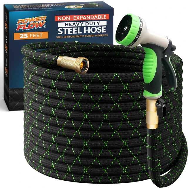 Alt view image 8 of 14 - Garden Hose, NON-EXPANDABLE 25 Feet Premium Quality Stainless Steel Metal Water Hose with Durable Fabric Skin, Hose For Commercial, Residential Use, Bonus 10-way Spray Nozzle (25 Ft, Black)