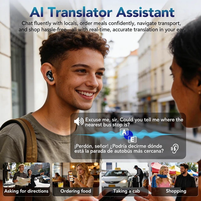 Alt view image 10 of 14 - AI Translation Earbuds Real Time, 165 Language Translator Earbuds, Audifonos Traductores Inglés Español, Bluetooth 6.0 Translator Headphones for Business Travel Language Learning, Green