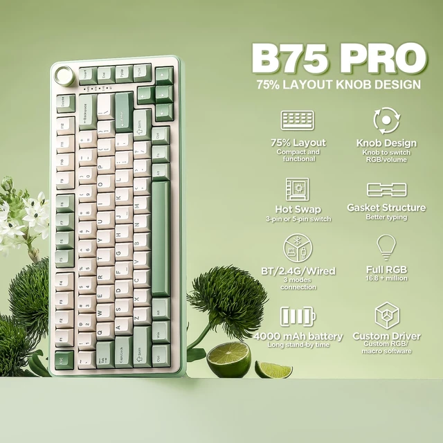 Alt view image 9 of 14 - B75 PRO Wireless Mechanical Keyboard,75% Layout with Knob,Hot Swap Gasket Structure,Creamy Pre-lubed Switches,RGB Backlit,Bluetooth/Type-C/2.4G for Win/Mac (Matcha Green, Cocoa Cream V2 Switch)