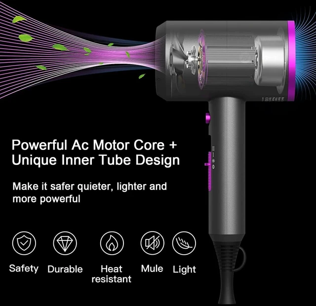 Alt view image 9 of 14 - Professional Ionic Hair Dryer, Powerful 1800W Fast Drying Low Noise Blow Dryer with 2 Concentrator Nozzle 1 Diffuser Attachments for Home Salon Travel