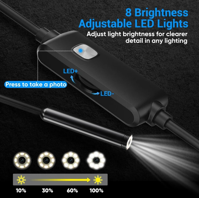 Alt view image 10 of 14 - Endoscope Camera with Light,1920P HD Borescope with 8 Adjustable LED Lights, Endoscope with Semi-Rigid Snake Cable, IP67 Waterproof Inspection Borescope for iOS and Android-16.4ft Single Lens