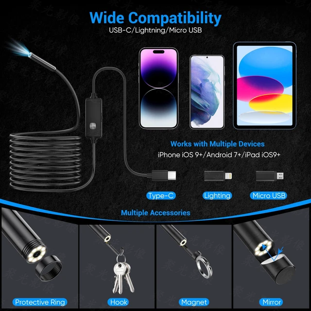 Alt view image 12 of 14 - Endoscope Camera with Light,1920P HD Borescope with 8 Adjustable LED Lights, Endoscope with Semi-Rigid Snake Cable, IP67 Waterproof Inspection Borescope for iOS and Android-16.4ft Single Lens