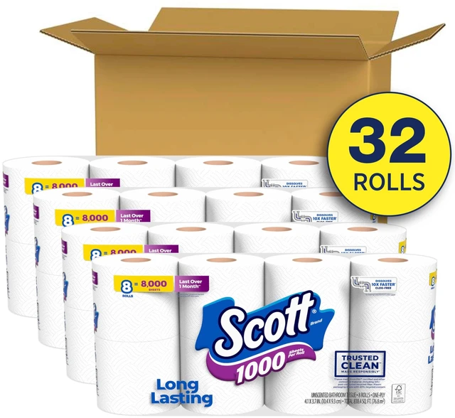 Alt view image 9 of 14 - 1000 Trusted Clean Toilet Paper, 32 Rolls, Septic-Safe, 1-Ply Toilet Tissue