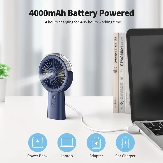 Alt view image 10 of 14 - Handheld Misting Fan Portable, Small Personal Hand Held Rechargeable Mist Fan Water Spray, 4000mAh Battery Operated Hand Mister Fans 3-Speed, 4-15 Hrs Runtime for Travel Home Office Outdoor