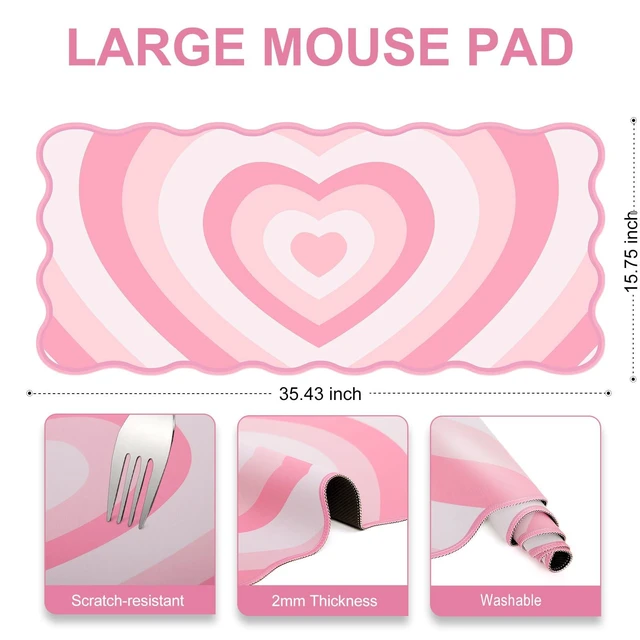 Alt view image 11 of 14 - Pink Mouse Pad,Cute Desk Mat XXL Large Scalloped Gaming Mousepad,35.4x15.7in Non-Slip Rubber Base Keyboard Pad Waterproof Desktop Mat for Laptop Computer Work Game Home Office-Pink Heart