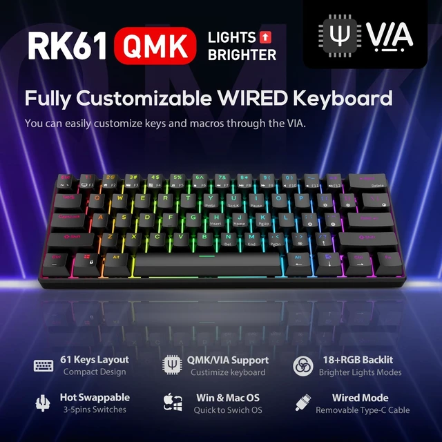 Alt view image 9 of 14 - Wired 60% Mechanical Gaming Keyboard Programmable QMK/VIA RGB Backlit 61 Keys Ultra-Compact Hot Swappable Red Switch Black