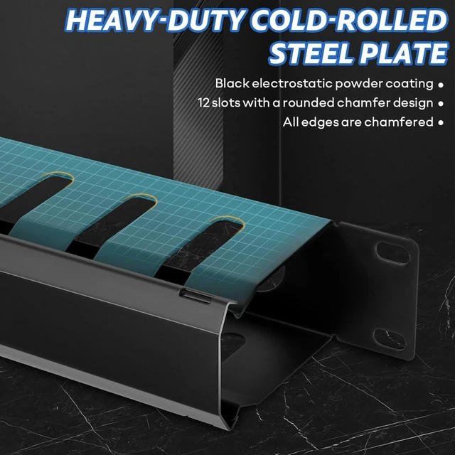 Alt view image 10 of 14 - 2 Pack 19 Inch 1U Server Rack Cable Management -12 Slot Horizontal Rack Mount Cable Manager with Rack Screws - Cable Raceway Wire Duct Channel Track Cord Organizer with Cover for Server Rack & Cabinet