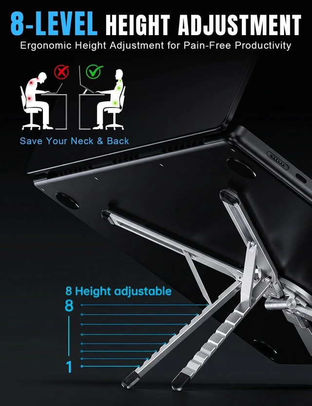 Alt view image 11 of 14 - 4-in-1 Foldable Laptop Stand & Magnetic Phone Holder, Silver Aerospace Aluminum Portable Desk Mount with N52 MagSafe Compatible Tripod Handle for MacBook Pro, iPad, Travel & Vlogging