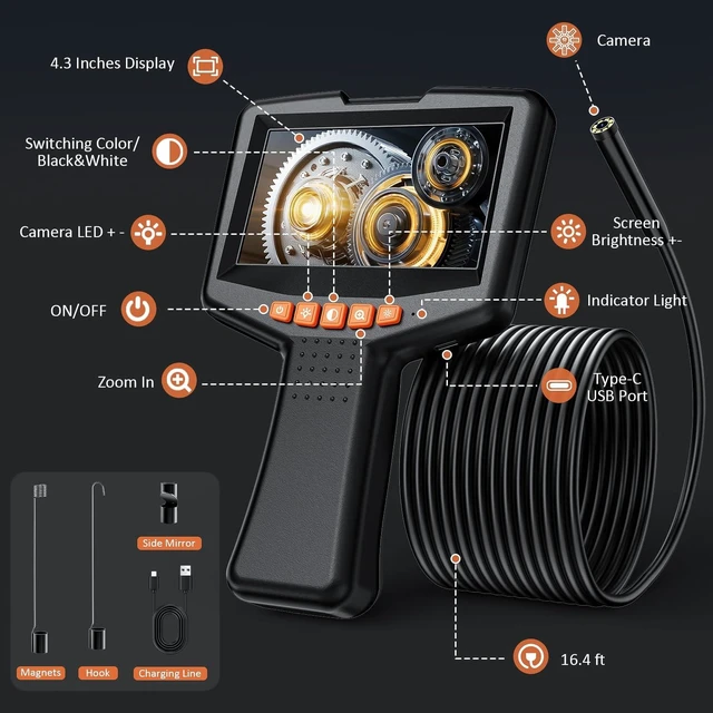 Alt view image 13 of 14 - Endoscope Camera with Light: 4.3" 1080P HD Inspection Borescope Camera for Sewer - 16.4ft Waterproof Industrial Endoscope - Flexible Snake Bore Scope for Plumbing Automotive