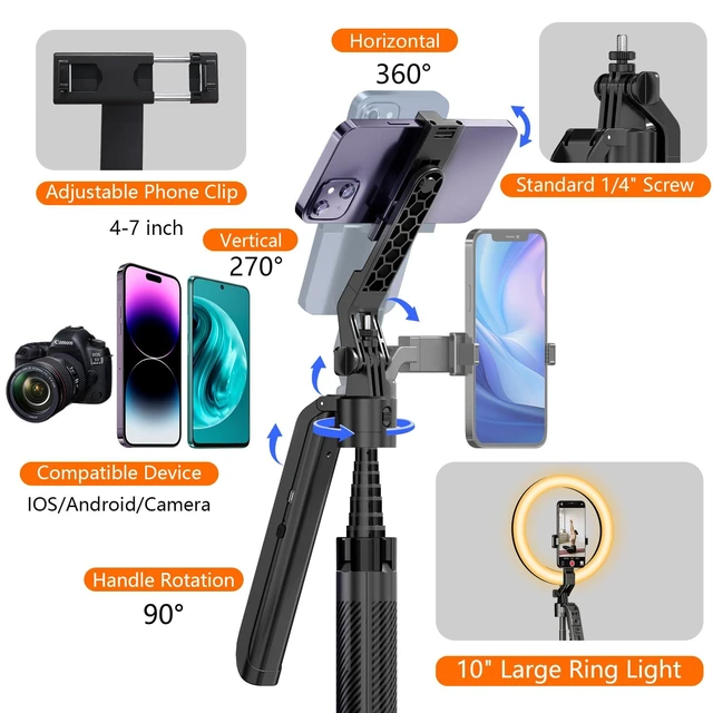 Alt view image 13 of 14 - Auto Face Tracking Self Stick Tripod for iPhone with 10" Ring Light Hands-Free 360°Adjustable 70.9 Inch Smart Phone Stand with Remote for Content Creator Vlog Video Recording
