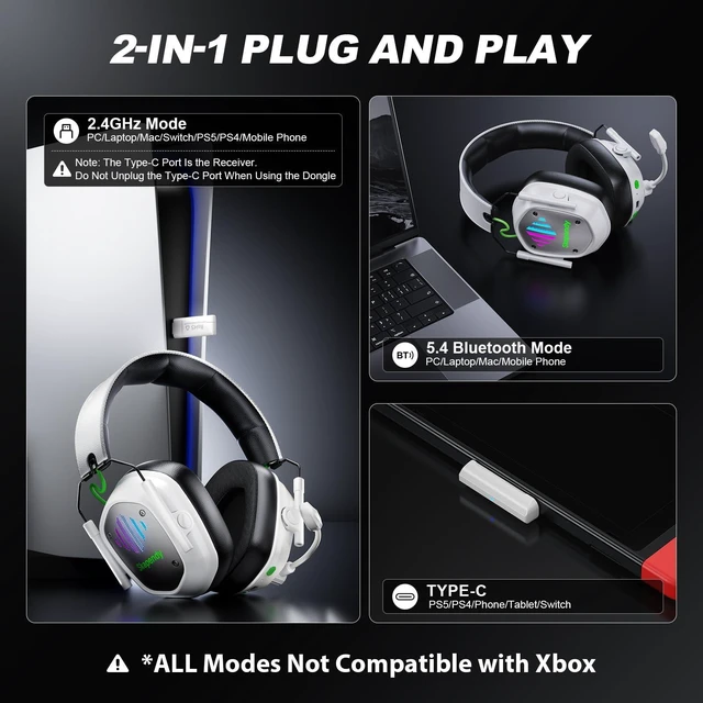 Alt view image 14 of 14 - Wireless Gaming Headset for PC, PS5, PS4, Switch, Mac, Mobile Phone, USB&Type-C 2.4GHz Gaming Headphones with ENC Noise Cancelling Mic, 50mm Drivers, 3D Surround Sound, Cool RGB Light, 50H GameTime
