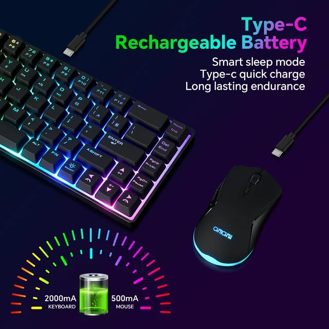 Alt view image 9 of 14 - 60% Wireless Gaming Keyboard and Mouse Combo, RGB Backlit Rechargeable LED Light Up Keyboards,Wireless Gaming Mouse and Keyboard for Xbox PS4 PS5 PC Laptop -Black