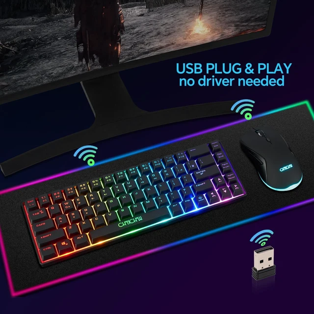 Alt view image 14 of 14 - 60% Wireless Gaming Keyboard and Mouse Combo, RGB Backlit Rechargeable LED Light Up Keyboards,Wireless Gaming Mouse and Keyboard for Xbox PS4 PS5 PC Laptop -Black
